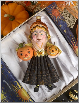 Halloween Witch and her Pumpkin Pals glass ornament