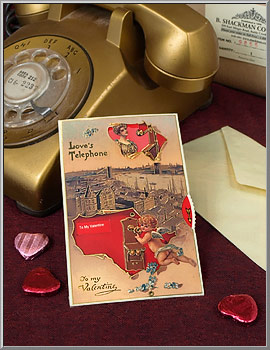 'Love's Telephone' reproduction Victorianl postcard with mechanical wheel