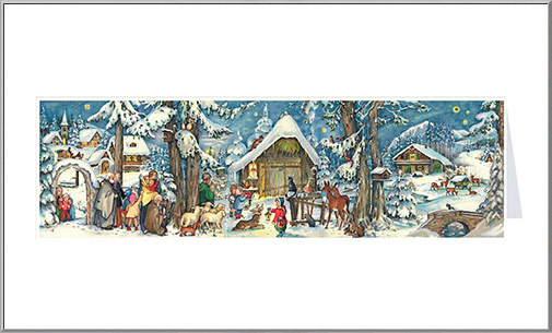 Snowy Christmas Nativity panoramic Advent calendar card made in Germany
