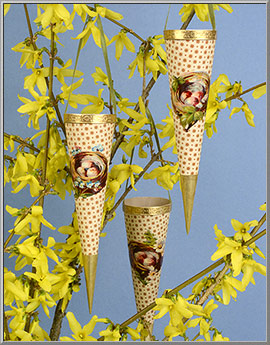 Springtime Nest Victorian cornucopia ornaments for Easter and Christmas trees