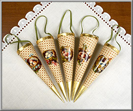 Springtime Nest cornucopia ornaments with antique scraps from Germany