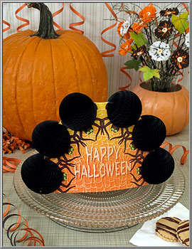 Halloween Spiders centerpiece with black honeycomb tissue fold-open spiders