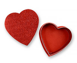 Valentine Heart red foil cardboad box holds 4 ounces of chocolate candies, made in the USA