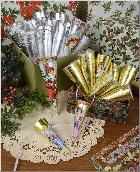 Vintage Gold and Silver Paper Foil Christmas Cornucopia Cones from Denmark